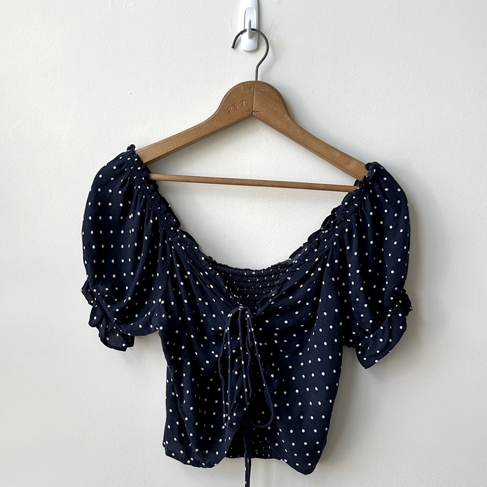 American Eagle lace up Crop Top  navy blue polka dot